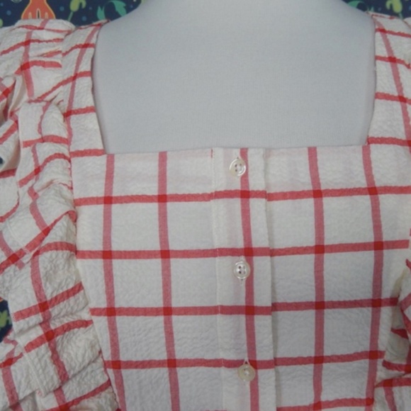 The Shirt Rochelle Behrens Stella Red Cream Seersucker Ruffle Yoke Mini Dress M - Picture 5 of 8